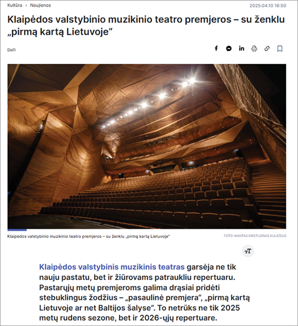 A page from a newspaper with a picture of a theater and the words "Klaipedos valstybinio muzikos teatriu - su zenku Liepajvo" written at the top.

AI generated content