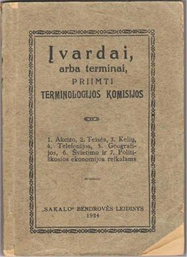 Lithuanian dictionary of terms (1924). The title page includes the title, a table of contents consisting of seven numbered topics, the publisher, and the year of publication.