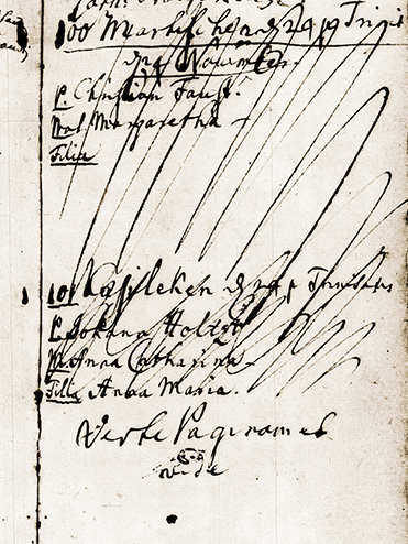 Handwritten historical document with cursive script and several lines crossed out, showing names and notes in dark ink on aged paper.
Description generated by AI