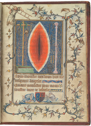 A medieval illuminated manuscript page features a large red eye-like shape in the center surrounded by intricate blue and gold patterns, decorative floral and bird motifs along the borders, and two people in medieval clothing at the bottom near a shield with a coat of arms.
Description generated by AI