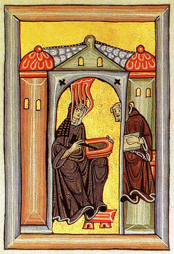 A medieval-style illustration shows two robed people inside an architectural frame, one seated and playing a stringed instrument while the other stands holding a book.
Description generated by AI
