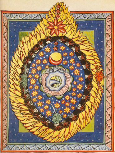 A colorful medieval-style illustration depicting a cosmic scene with a central Earth-like sphere surrounded by stars, celestial bodies, and a fiery, flame-like border.
Description generated by AI