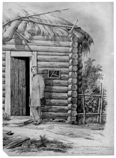Realistiškas piešinys pieštuku iš natūros, kurį 1866-taisiais metais parengė Panevėžio apskrities mokyklos dailės mokytojas Nikolajus Tatarinovas. Piešinys meistriškas, vykusiai sudėti šešėliai, kruopščiai išbaigtos detalės; sprendžiant iš šešėlių aiškumo yra diena, ryškiai šviečia saulė. Matuojant horizontaliai, bent du jo trečdalius piešinio iš kairės pusės užima dalis vieno aukšto rąstinės pirkios fasado su labai mažu langeliu ir pravertomis į vidų vienvėrėmis durimis. Stogas dengtas šiaudais, prislėgtas medžio šakomis. Piešinio apatiniame ketvirtadalyje detaliai pavaizduotas kiemo paviršius su žole, kitais augalais, takeliu, gelda, pastato dešinėje matomas retos žardų tvoros fragmentas, už tvoros krūmai ir medžiai, turbūt ten sodas. Durų angos dešinėje, dešiniu šonu atsirėmęs į staktą, pasisukęs savo kairiuoju šonu į žiūrintįjį, bet atgręžęs į mus veidą stovi jaunas vyras nedideliais ūsais, ant jo kaktos užkritę trumpi, iki kaktos vidurio, kirpčiai. Vyras žvelgia į dailininką tiesiai, įdėmiai, be šypsenos. Vilki ilgu susegamu viršutiniu rūbu stačia apykakle, languotomis kelnėmis, naginėmis su daug raištelių. Galvos apdangalą laiko palei šoną laisvai nuleistoje rankoje, jo kojos sukryžiuotos, arčiau žiūrovo esančios pėdos kulnas pakeltas. Apačioje dailininko parašas, piešinio atlikimo data ir užrašas rusų kalba: „Valstiečių troba Panevėžio apskrityje“.
