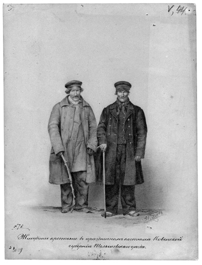 Realistinis, panašus į nuotrauką piešinys pieštuku, kurį apie 1866-tus metus nupiešė dailės mokytojas Čeglovas. Du vienodo ūgio vyrai su ūsais stovi greta, atsigręžę į stebėtoją. Abiejų viršutiniai rūbai atsegti, jie tarsi išaugtiniai, per dideli, ilgokais skvernais ir rankovėmis. Abu vyrai dešinėse rankose laiko vaikščiojimo lazdas, turi galvos apdangalus su snapeliu, ryši kaklo skaras, apsirengę šiltai, keliais sluoksniais, plačiomis kelnėmis. Kairėje stovinčio vyro visi rūbai šviesesni, jo turima lazda išlinkusi, gumbuota, tai yra tiesiog medžio šaka. Dešinėje stovinčio vyro rūbai tamsesni, jo lazda tikra, tiesi ir su patogia rankena, jis avi vyžomis. Fonas baltas, detalizuotas tik žemės paviršius, ant kurio stovi vyrai, nupieštas nuo jų krentantis šešėlis. Piešinio apačioje dailininko parašas ir kaligrafinis užrašas rusų kalba: „Žemaičiai valstiečiai išeiginiais rūbais, Kauno gubernijos Telšių apskrityje“.