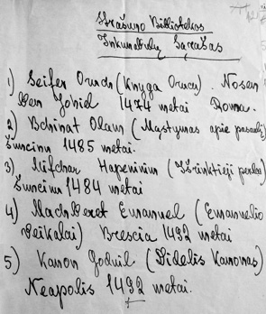 Иллюстрация представляет список пяти инкунабул библиотеки Страшуна