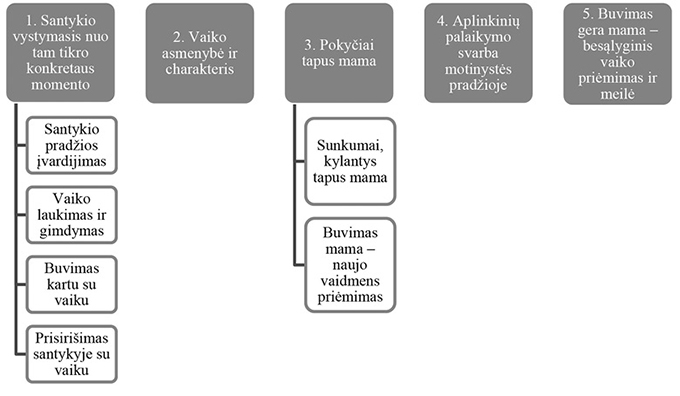Aprašymas. Temų žemėlapis, vaizduojantis penkias tyrime išskirtas temas ir jų potemes. Temų pavadinimai pateikti atskirose schemos dalyse, nuo pirmos ir trečios temos išsišakoja potemės.]
