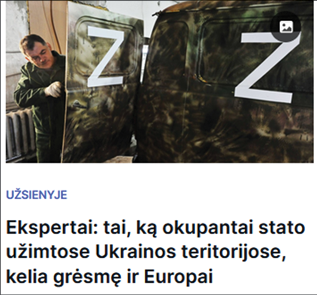 A camouflaged van with two large white “Z” symbols on the side and the open rear door. A light-skinned, black-haired man, wearing a military uniform, stands at the door, his attention focused on the vehicle’s door lock, part of his body obscured by the open door.
