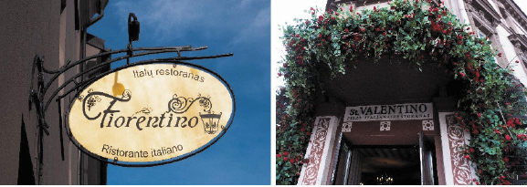 [The figure 6 shows that the identifying part is in one language, while the type is bilingual. Among the names where the type is written in two languages, the same denotatum is used, such as italų restoranas/ristorante italiano Fiorentino. In some cases, one language element defines the type, while the phrase in the other language further specifies or emphasises a particular feature of the place, such as pizza italiana/restoranas St. Valentino. The examples are presented in the figures].
