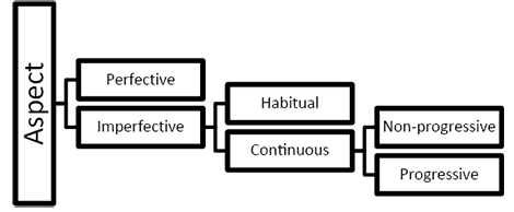 This diagram presents Comrie’s classification of aspect, distinguishing between perfective and imperfective aspects. It visually outlines how different languages categorize aspect, illustrating the placement of the progressive aspect within the broader classification.