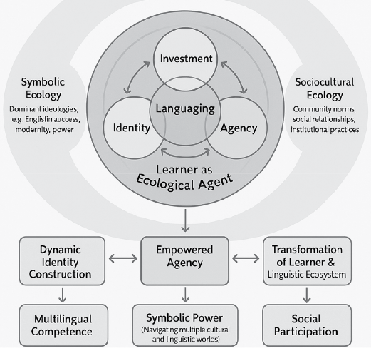 [A conceptual model showing the learner as an ecological agent at the center, interacting with identity, agency, investment, and languaging. These core elements are influenced by symbolic and sociocultural ecologies and lead to dynamic identity construction, empowered agency, and transformation of the learner and the linguistic ecosystem. The ultimate outcomes are multilingual competence, symbolic power, and social participation.]
