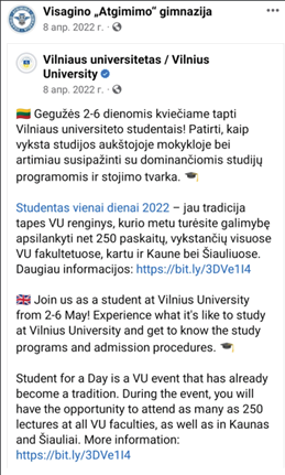 На фото 6 представлен билингвальный дупликативный текст репоста на литовском и английском языках на странице школы «Atgimimo» (пример – приглашение на мероприятие от Вильнюсского университета, адресованное школьникам).