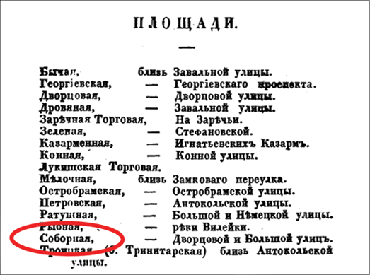 A vintage Russian text listing various street and square names with a red circle highlighting the names Sobornaya and Troitskaya.
Description generated by AI