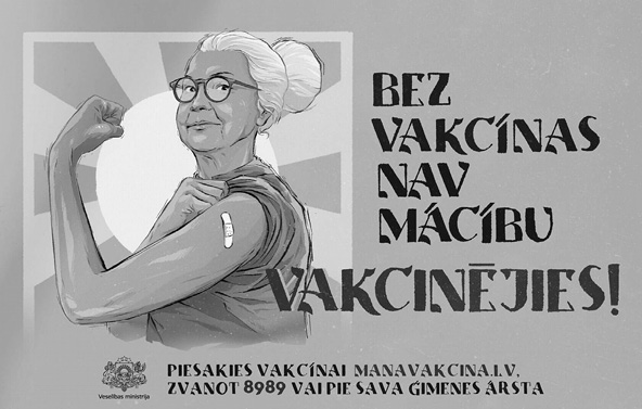 A senior person with glasses and hair in a bun flexes their arm showing a bandage after vaccination with bold text in a stylized font promoting vaccination in Latvian.

Description generated by AI
