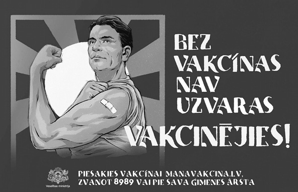 A person flexes their arm with a bandage on the upper arm in a vintage-style vaccination poster with bold text encouraging vaccination.

Description generated by AI